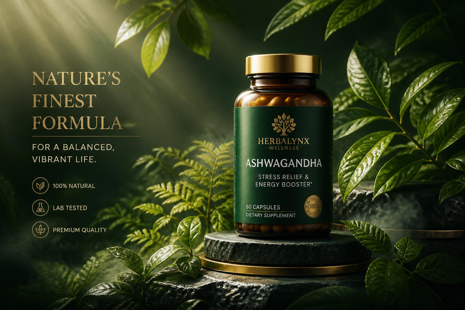 Botol suplemen herbal premium HerbaLuxe di antara dedaunan hijau segar