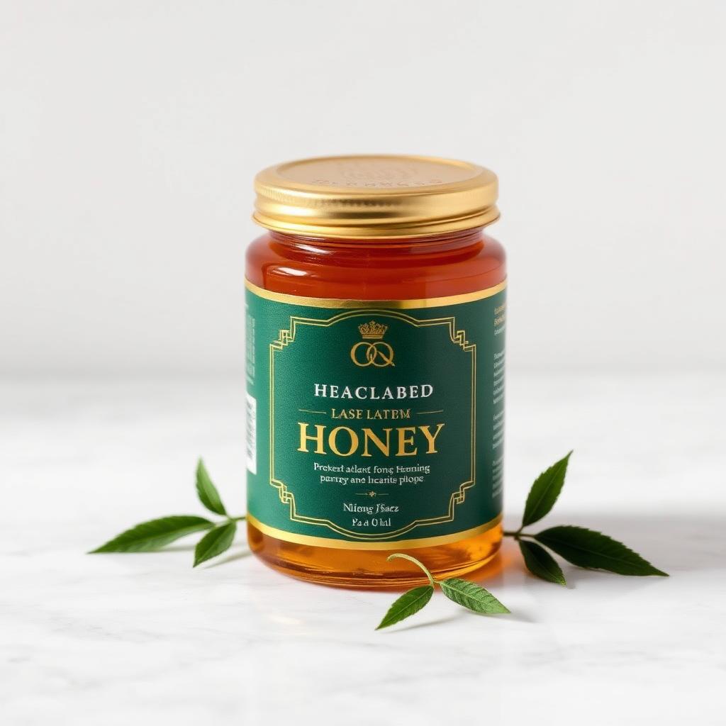 Toples madu hutan premium dengan label hijau zamrud